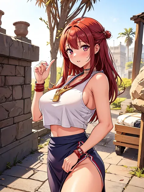 image of a red-haired girl with tanned white skin, 18 years old, belonging to ancient Egypt, walking along the banks of the Nile River, her body with scientifically attractive measurements and a symmetrical face, light clothing due to the heat, anime mappa...