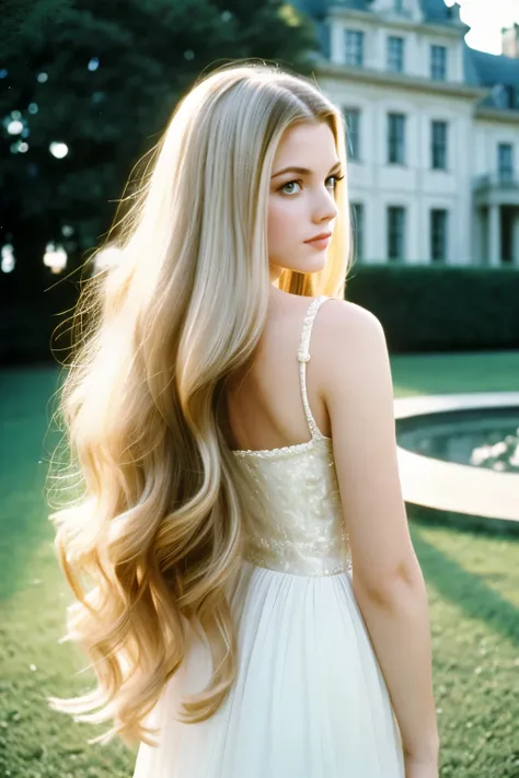 film still, 1980 high class style, 1girl, long wavy blowout hair, pale skin, elite, classic, mansion background, Fujicolor, Photorealistic, Romanticism, Timeless Modern, Film Grain, 