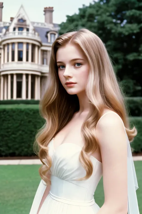 film still, 1989 high class style, 1girl, long wavy blowout hair, pale skin, elite, classic, mansion background, Fujicolor, Photorealistic, Romanticism, Timeless Modern, Film Grain, Looking at viewer, 