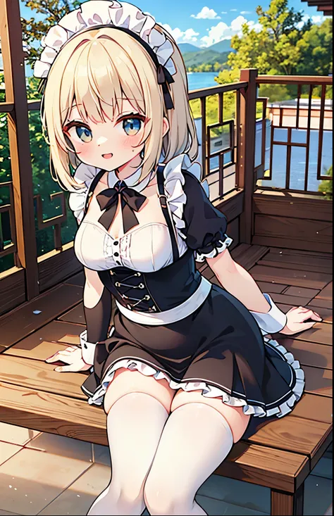 1 woman in black maid outfit with white skirt, white stockings, and tight corsets, showcasing immense curves, Mohawk hairstyle, extremely beautiful, Shes facing the viewer, sexy smile, in a lakeside cottage, Anime style, a masterpiece, highest resolution, ...