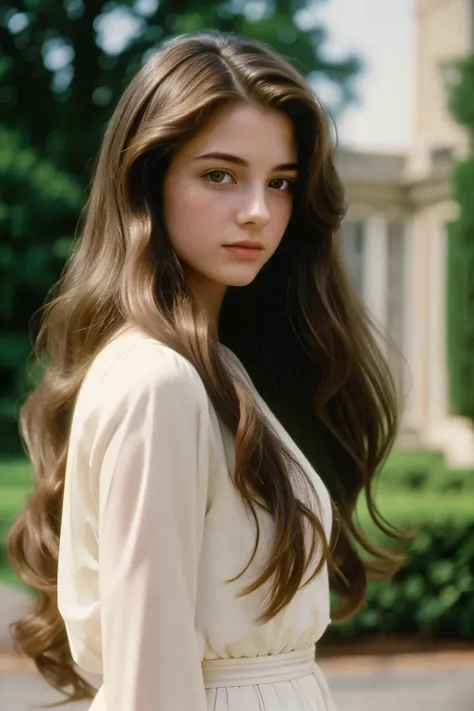 film still, 1990 high class style, 1girl, long wavy blowout hair, pale skin, elite, classic, mansion background, Fujicolor, Photorealistic, Timeless Modern, Film Grain,Accurate, Anatomically Correct, Close-Up, Textured Skin, Super Detailed, 