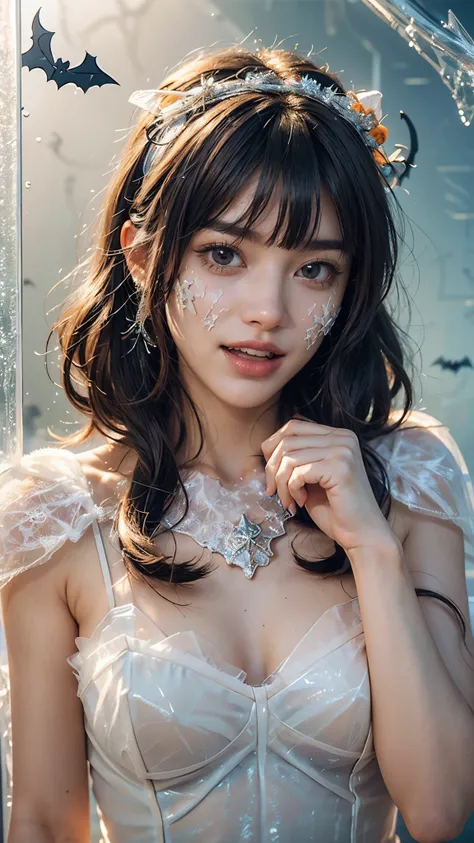   super high definition， High Resolution Details ，Realistic,(( portrait through frosted glass:1.4)),((Halloween,Angel Cosplay,Angel:1.4))22 years old,1 girl,((  showing your teeth and laughing  ))、(( FACE FOCUS :1.4)),((accessories:1.4)),8k,thinウエスト,thin脚,...