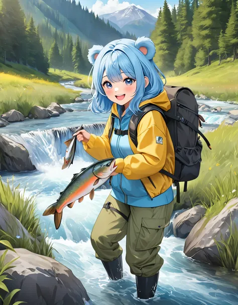 A bear holds salmon in a mountain stream、 beautiful girl with long light blue hair、Adorable smile、Mountain Stream Fishing 、Catch big salmon 、yellow fishing suit 、 Long Sleeve Hooded 、Outdoor Jacket、 hoodie、Waders、 Long Pants Fossing 、 When Going Camping 、 ...