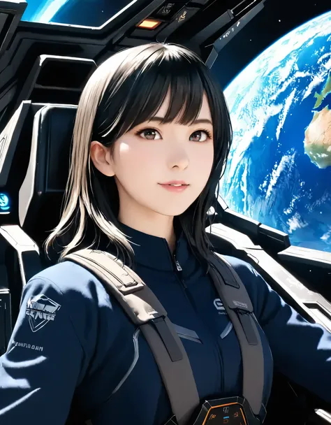 (best quality, 8k, high resolution:1.2), 1girl, universe, earth, gundamwingcockpit, upper body