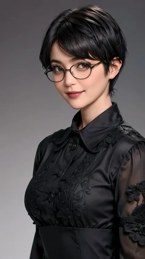 305 (20-year-old woman,Im wearing dark clothing), ( super real), ( High-level image quality), ((Beautiful Hairstyles 46)), (( short hair:1.46)), (A kind smile), (Busty:1.46), (Wearing glasses), (Floral), (Dark Room)