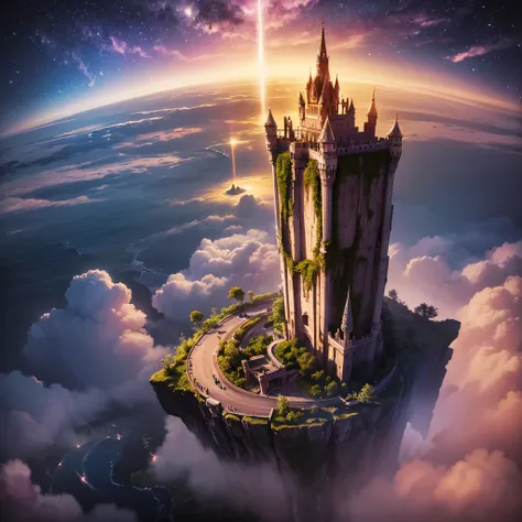 (8k, highest quality, masterpiece, final fantasy style: 1.2), (unRealistic, photoRealistic: 1.37), Dreamy landscape, Fantasy, Unsurreal landscapes, Super detailed, Flying Castle, Floating Island in the Sky, Seven-colored swirl of light, Intense lightning, ...