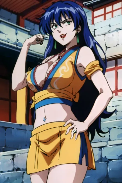 1girl,,retro artstyle,1990s (style),shan,blue hair,green eyes,lipstick,long hair,earrings,makeup, evil grin,, long hair, earrings, red lips, large breasts, ear piercing, long hair, blush, lipstick,Hot girl, baddie, smoking, sensual, attractive ,masterpiece...