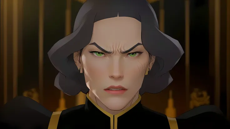 a close up of a person with a black hair and green eyes, anya de spy x family, cassandra cain, lin beifong, but a frown about he...