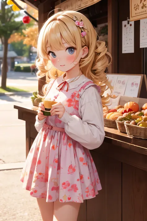 best quality, one ， cute young very  in the colors of an autumn festival stall, blonde,  curly hair, evil ，cute young tiny girl ...