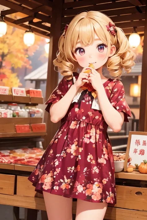 best quality, one ， cute young very  in the colors of an autumn festival stall, blonde,  curly hair, evil ，cute young tiny girl ...