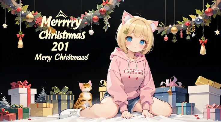 dynamic angle, dynamic pose, blonde hair, (graduation short hair:1.6), a girl in a pink hoodie, christmas art style, christmas t...