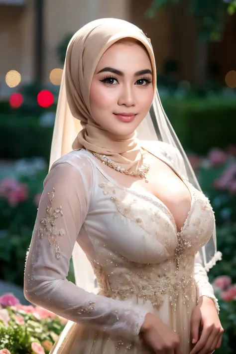 hyper realistic, beautiful nude hijab girl, luxury necklace, white skin, perfect potrait, bokeh effect, look at camera, ((adorab...