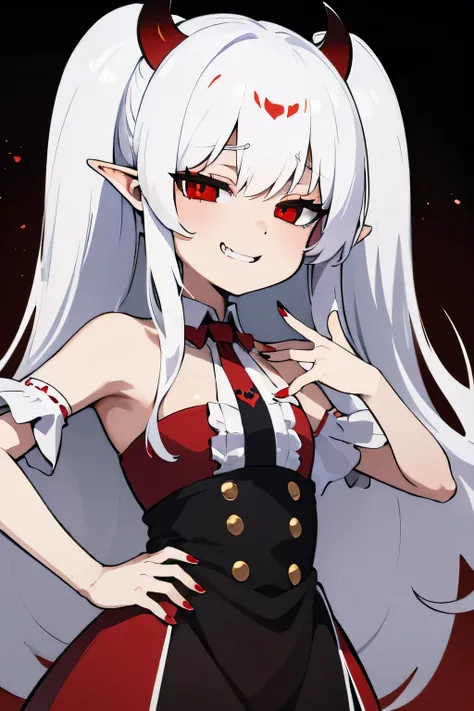 demon girl, 2 little brown horns, white hair, red eyes, vampire teeth, wearing a red maid outfit, one index finger raised, one pointing to up, looking to viewer, elf pointy eyes, explaining something, without light and shadow, nails painted black, no light...