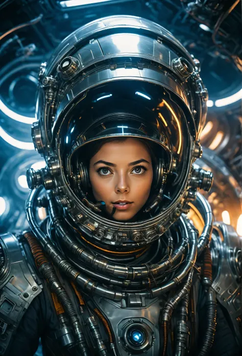 candid photo of female engineer repairing a massive spaceships engine, wearing a tight futuristic spacesuit, masterpiece, (beautiful and giant eyes:1.1), intricate detail, highly complex iris, closeup, neon lights, heavy smoke, cyberpunk atmosphere, flash ...