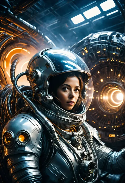 candid photo of female engineer repairing a massive spaceships engine, wearing a tight futuristic spacesuit, masterpiece, (beautiful and giant eyes:1.1), intricate detail, highly complex iris, closeup, neon lights, heavy smoke, cyberpunk atmosphere, flash ...