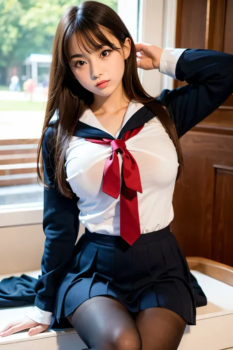 ((High school girl)),((Beautiful vagina)),High school sailor uniform,Large Breasts,valley,realistic black pantyhose,&#39;s face,double eyelid,Droopy eyes,Thick thighs,baby face,smile,R18,Viewer discretion advised,  very short skirt  ,Round face,Blonde long...