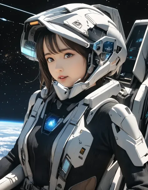 (best quality, 8k, high resolution:1.2), 1girl, universe, earth, gundamwingcockpit, upper body