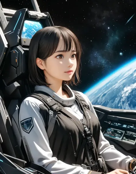 (best quality, 8k, high resolution:1.2), 1girl, universe, earth, gundamwingcockpit, upper body