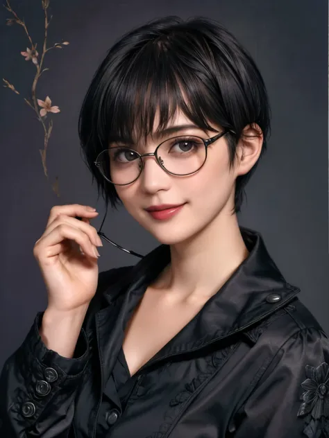 306 (20-year-old woman,Im wearing dark clothing), ( super real), (High-level image quality), (( short hair:1.46)), (A kind smile), (Busty:1.2), (Wearing glasses), (Floral), (Dark Room) 