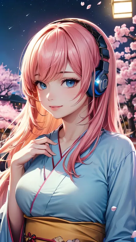 megurine luka， pink long hair，((headphones，light blue kimono ))，((clear blue eyes))，((4k，8k，cg unity，masterpiece，masterpiece，bes...