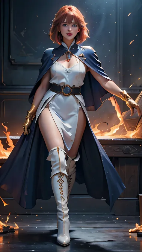 a 37 years cute mature lady, pretty face, looks like Dakota Johnson, destruction mage, crimson hair, detailed big lightblue eyes, vermilion cape, fancy white long dress, sexy long boots, gloves, Fancy golden belt, vermilion aura, fighting with fire and fla...