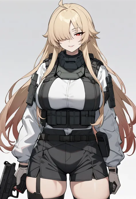 (high-quality, breathtaking),(expressive eyes, perfect face) 1girl, female, solo, mature, half open eyes, Alicization, Symmetrical Eyes, simple background, seductive smile, long hair, SAO inspired, maomao, armor, cowboy shot, medium full shot, light blonde...