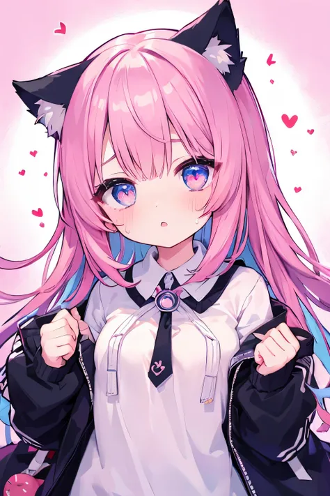  oversized jacket、Round 1、Light pink hair,Very beautiful and Sparkling Eyes、Sparkling Eyes、1 girl、Small breasts、cat ears、((((()))))、Heart」viscera❤、((sweat、vapor)）