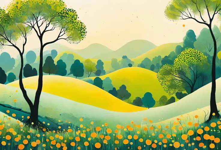 Create a serene landscape scene with a surreal, minimalistic style Inspired by Eyvind Earle. Many trees, Focus on smooth, flowing trees and rounded cute trees. The color palette should be predominantly in vibrant green and yellow hues, with a glowing, almo...