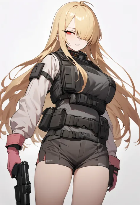 (high-quality, breathtaking),(expressive eyes, perfect face) 1girl, female, solo, mature, half open eyes, Alicization, Symmetrical Eyes, simple background, seductive smile, long hair, SAO inspired, maomao, armor, cowboy shot, medium full shot, light blonde...