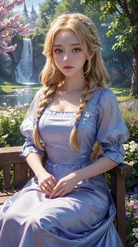 ((masterpiece, Best Quality, Highest quality,  High Resolution , Realistic, RAW Photos,   highly detailed CG unified 8K wallpaper )),  Disney Princesses Take Their Seats,Rapunzel,Live-action adaptation,solo, Blonde,  Very Long Braids , ,They have many flow...