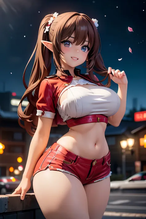 realistic image, coherent image, detailed image, 1 beautiful elf. She has brown hair, long hair with two pigtails. Scarlet eyes, long eyelashes. Her face is oval and delicate. smiling with open mouth. She is wearing a traditional red shirt, with a tangerin...