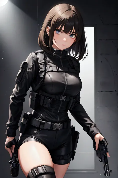 Girl, brunette, Short messy light hair, tight black spy outfit, holster with gun and knives, dark setting with colored lights.