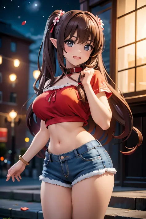 realistic image, coherent image, detailed image, 1 beautiful elf. She has brown hair, long hair with two pigtails. Scarlet eyes, long eyelashes. Her face is oval and delicate. smiling with open mouth. She is wearing a traditional red shirt, with a tangerin...