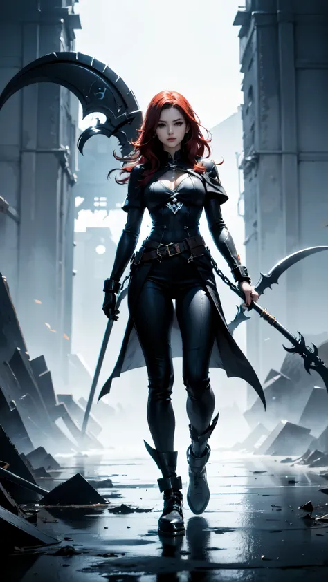 masterpiece, splash art, crimson hair, long hair, wavy, gorgeus floating anime female reaper front at camera, dynamic pose, tight clothes, shiny detailed, scythe made of bones, long and wide blade of the scythe, fog, chains, dark colors, soft light, soft s...