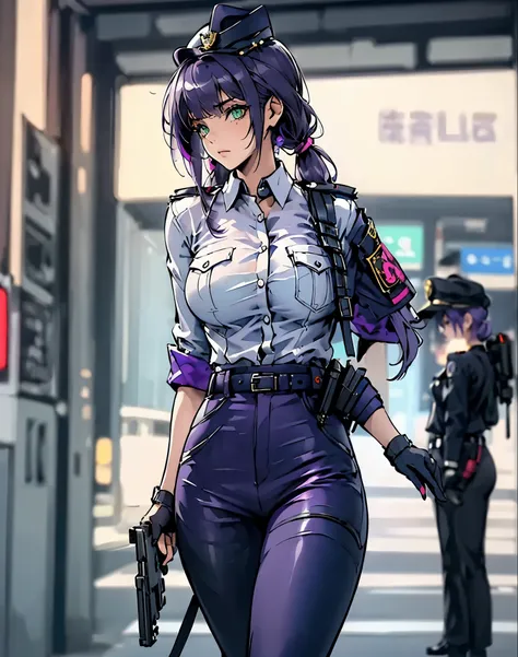 ((masterpiece)), ((best quality)), ((highres)), 1girl, solo, police officer, (matching pants, slacks), city backdrop, (holding a...