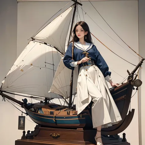 maritime museum sailboat model exhibition 、( a young and beautiful female curator is looking at the model sailboat)、 galleon sai...