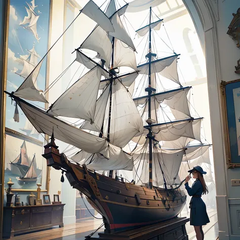 maritime museum sailboat model exhibition 、( a young and beautiful female curator is looking at the model sailboat)、 galleon sai...