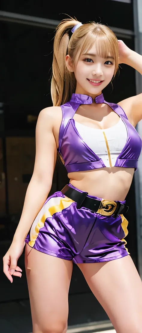  Gorgeous Idol Girl with Blonde Ponytail 、whole body、　Good style、、、、、、、、、、Thick legs、、 Shiny Purple and Yellow Gold Tight Shorts Costume、、Cool Belt、Sporty Cyber Jacket 、