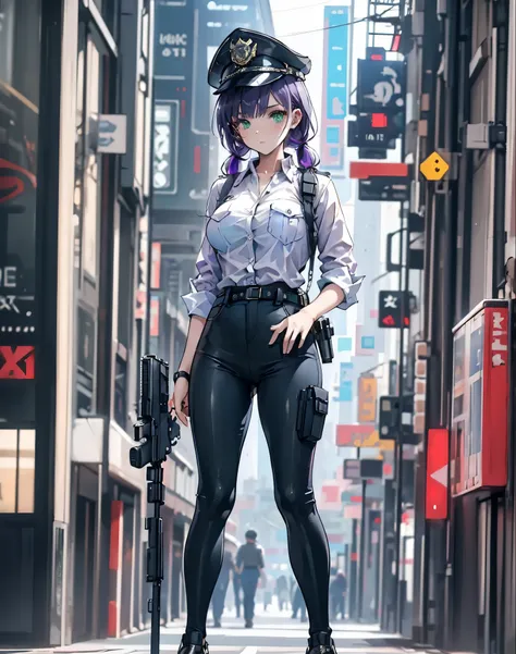 ((masterpiece)), ((best quality)), ((highres)), 1girl, solo, police officer, (matching pants, slacks), city backdrop, (holding a...