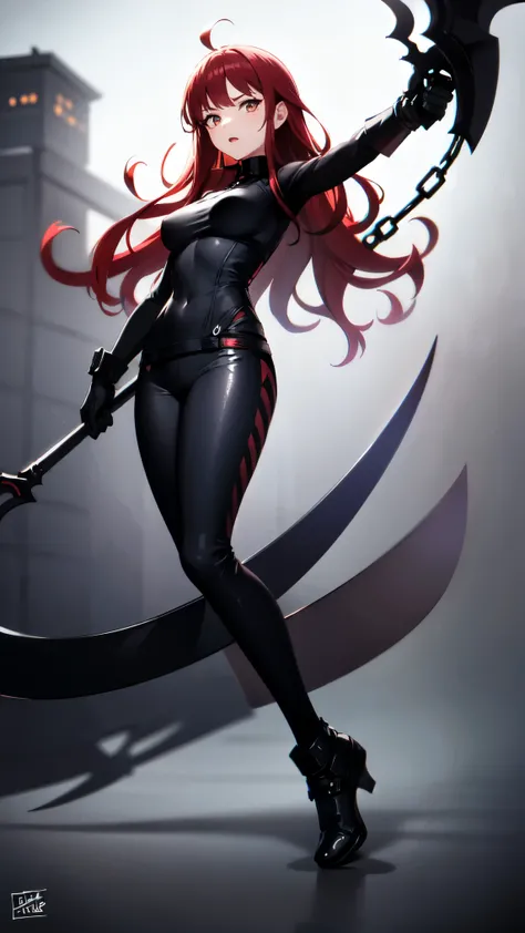 masterpiece, splash art, crimson hair, long hair, wavy, gorgeus floating anime female reaper front at camera, dynamic pose, tight clothes, shiny detailed, scythe made of bones, long and wide blade of the scythe, fog, chains, dark colors, soft light, soft s...