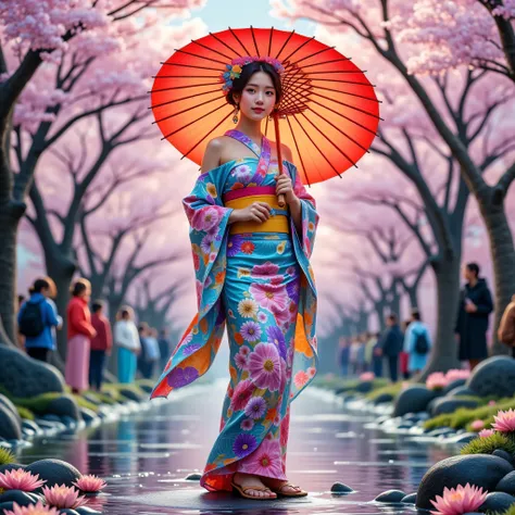 a full body shot of a beautiful young japanese maiko wearing an off-shoulder kimono with colorful girdle,1woman,detailed face,be...