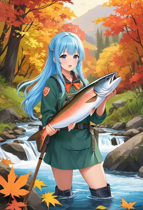  a big bear holding salmon and approaches、 long light blue hair 、Twin-tailed Girl、 Fall Foliage Mountain Stream Fishing 、 I caught a big salmon、Fishing Outfit 、Tsunagi boots。Surprised face