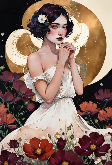 A poster for a Louis Vuiton event in the style of Alphonse Mucha, chiaroscuro technique on sensual illustration of an elegant , retro and vintage white dress ,Chocolate Cosmos (Cosmos atrosanguineus) around body, matte painting, by Hannah Dale, by Harumi H...