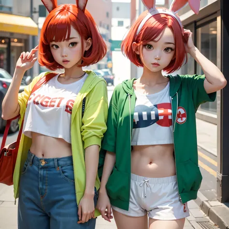  cute girl 、Red bob hair、Bunny ears、 white t-shirt、Green jacket、Navy blue trousers、Belly button
