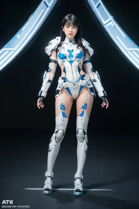 a futuristic woman in a high-tech suit, holding a sword, full-body portrait, long legs, slightly chubby, navel visible, transpar...