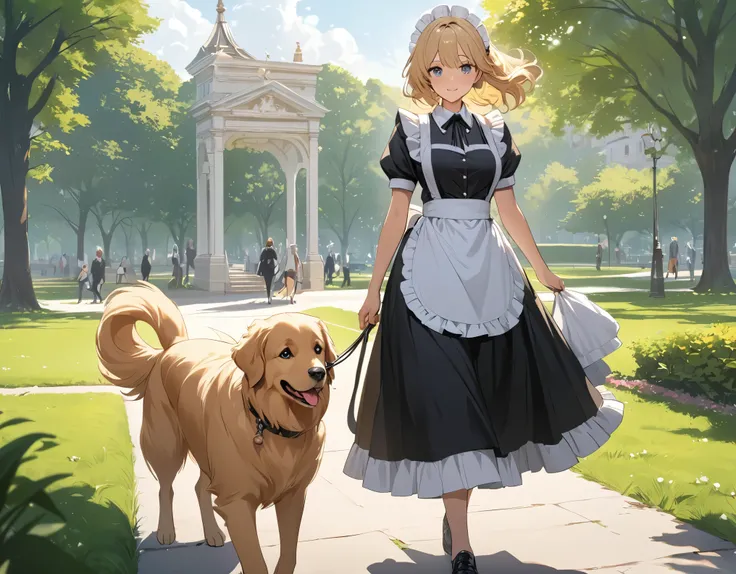 ((best quality)), ((masterpiece)), (detailed), perfect face, detailed eyes, (best quality), (detailed skin:1.3), (intricate details), A maid girl walking her dog, Large dog, Golden Retriever, Walk in the park
