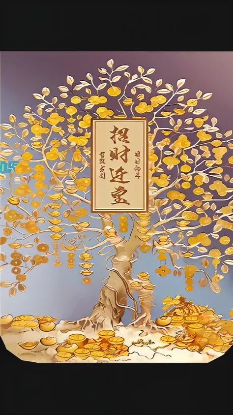 Close-up of a tree， logo on it , Golden Sacred Tree, golden chinese text, Chinese Ghost Festival, Chiba Yudai, Middle Yuan Festival, Inspired by Sun Kehong, Chinese style painting, Detailed book illustrations, Inspired by Pu Hua, su fu