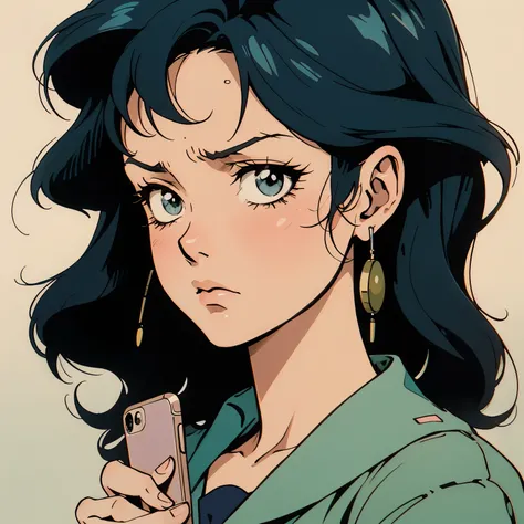  Anime Girls ,  40s anime , vintage classic anime style, sns,Smartphone,check,dissatisfaction,worries