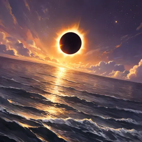 (masterpiece, best quality,8k,Dutch angle shot),solar eclipse, sky turning dark, sun’s corona shining bright, glowing edge of the moon, soft golden glow, mystical twilight, deep purple and orange sky, scattered stars, calm sea reflecting eclipse, ethereal ...