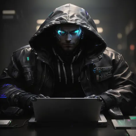 arafed man in a hoodie sitting at a table with a laptop, cyberpunk hacker, cyber noir, hacker, wojtek fus, tech-noir, cyberpunk noir, black cyberlox, cyberpunk))), tech noir, cybercat, by Adam Marczyński, cyberpunk photo, portrait shot, beaten tech. neo no...